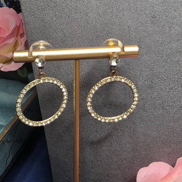 Gold Rhinestone Hoop Earrings | Modern Sparkle Dangle Circles - Picture 4 of 5